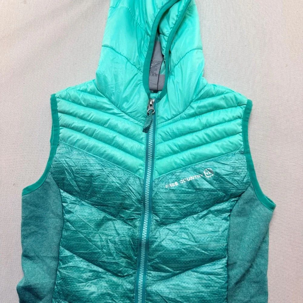 Free Country Puffer Vest Women Small Teal Excellent Hooded Quilted Sleeveless